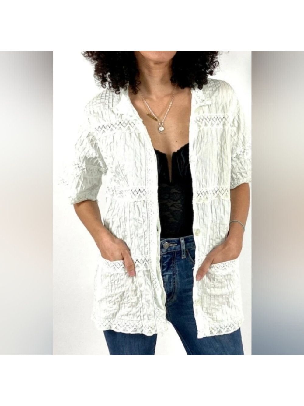 White Cotton Pintuck Tunic Lace Cottagecore Grandmacore One Size - Picture 6 of 15